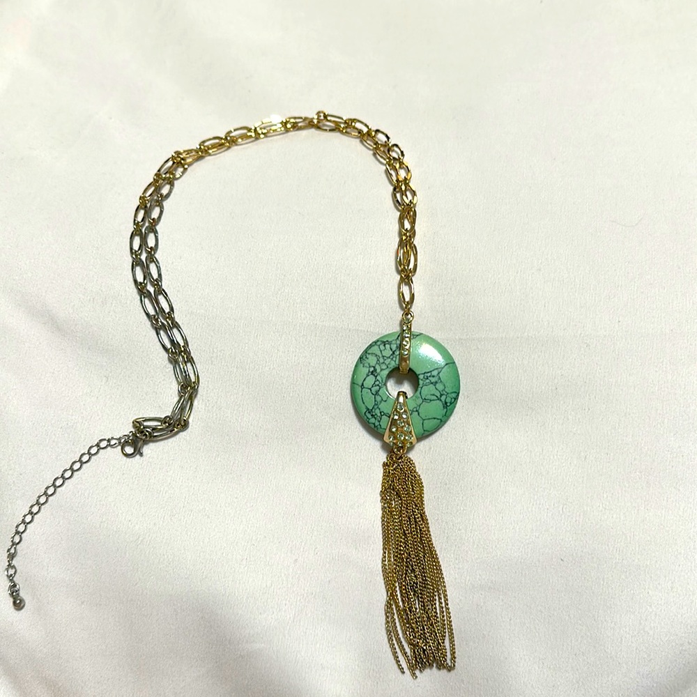 Turquoise long gold chain necklace with gold chain tassel & green crystals